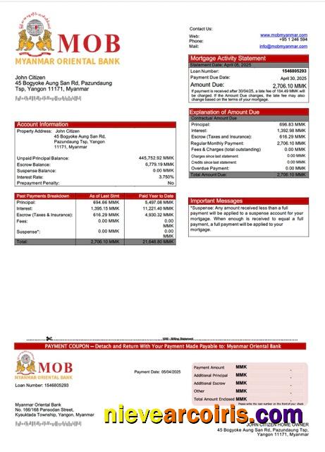 Myanmar Oriental Bank mortgage statement Word and PDF template